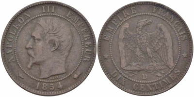 ФРАНЦИЯ 10 САНТИМОВ 1854 D, НАПОЛЕОН III (1852-1870) KM 771.4, LE FRANC 133.14 бронза 38-1015