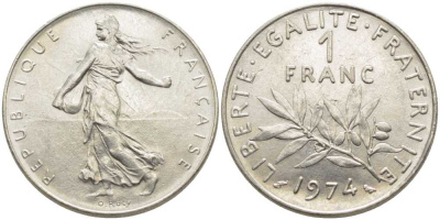 ФРАНЦИЯ 1 ФРАНК 1974 СЕЯТЕЛЬ KM 925.1, LE FRANC 226.19 никель 175-531