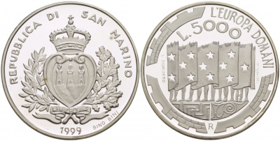 Сан-Марино 5000 лир 1999 Европа завтрашнего дня KM 410 серебро PROOF 1068-3-32