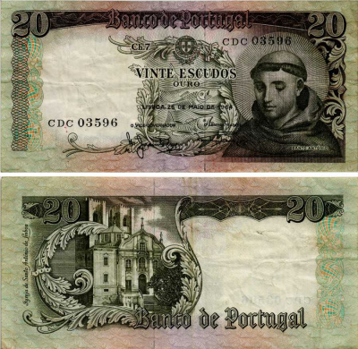 Португалия 20 эскудо 1964 Антоний Падуанский Pick 167 b бумага 6281-26-2-1