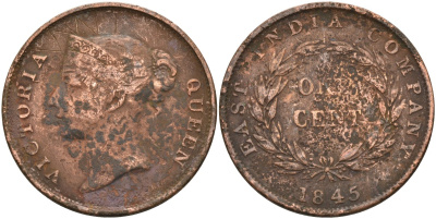 Стрейтс-Сетлментс 1 цент 1845 Виктория (1837-1901), Ост-Индская компания KM 3 медь 4590-141