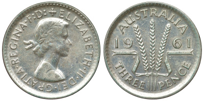 Австралия 3 пенса 1961 m, Елизавета II (1952-2022) KM 57 серебро 71-732