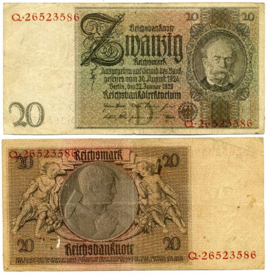 ГЕРМАНИЯ 20 РЕЙХСМАРОК 1929 Pick 181a бумага 3295-74-1