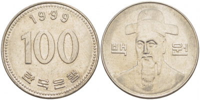 Южная Корея 100 вон 1999 Ли-Сунсин, корейский флотоводец KM 35.2 медно-никель 3996-753