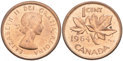 Канада 1 цент 1964 Елизавета II (1952-2022), кленовый лист KM 49 бронза UNC 44-934