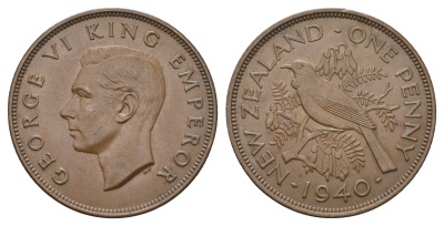 Новая Зеландия 1 пенни 1940 Георг VI (1936-1952), новозеландский туи KM 13 бронза 51-4515