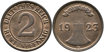 ГЕРМАНИЯ 2 РЕНТПФЕННИГА 1923 G J 307, KM 31 бронза UNC 413-3714