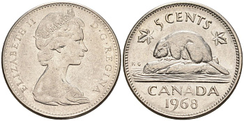Канада 5 центов 1968 бобр, Елизавета II (1952-) KM 60.1 никель 4126-514