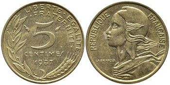 ФРАНЦИЯ 5 САНТИМОВ 1987 ТИП MARIANNE KM 933 медь алюминий никель 99-1123