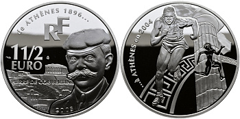 Франция 1 1/2 евро 2003 Пьер де Кубертен, Олимпийские игры 2004 года в Афинах, бег KM 1361 серебро PROOF 1095-3-31