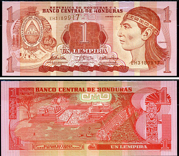Гондурас 1 лемпира 2010 Индейский вождь Лемпира, руины древних Майя Pick 89b бумага UNC (пресс) 6283-1-1-2