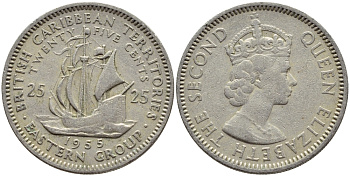 Британские Восточно-Карибские территории 25 центов 1955 Елизавета II (1952-2022), парусник KM 6 медно-никель 76-745
