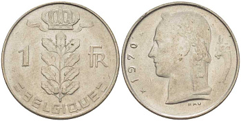 БЕЛЬГИЯ 1 ФРАНК 1970 BELGIQUE, БОДУЭН I (1951-1993) KM 142.1 медно-никель 210-942