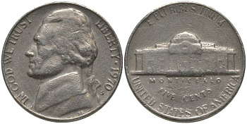 США 5 ЦЕНТОВ 1970 S, ДЖЕФФЕРСОН KM А192 медно-никель 181-114