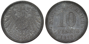 Германия 10 пфеннигов 1918 KM 26, J. 299, Weege 8 цинк 4119-336