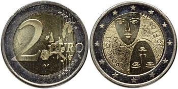 Финляндия 2 евро 2006 100 лет парламентаризма, маски KM 125 биметалл UNC 38-834