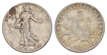 Франция 2 франка 1901 KM 845 серебро 4656-222