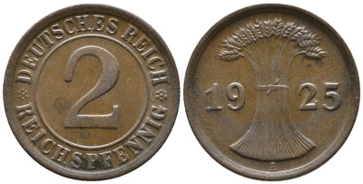 ГЕРМАНИЯ 2 РЕЙХСПФЕННИГА 1925 A KM 38, J. 314 бронза 24-737