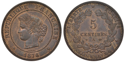 Франция 5 сантимов 1876 А, третья республика (1870-1941) KM 821.1, Le Franc 118.14 бронза 4128-111