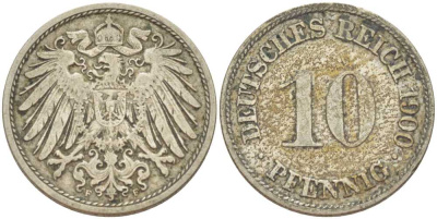 Германия 10 пфеннигов 1900 F KM 12, J. 13, Weege 8 медно-никель 259-811