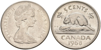 Канада 5 центов 1968 бобр, Елизавета II (1952-) KM 60.1 никель 4126-514