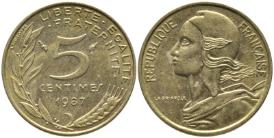ФРАНЦИЯ 5 САНТИМОВ 1987 ТИП MARIANNE KM 933 медь алюминий никель 99-1123