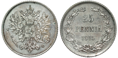 Россия для Финляндии 25 пенни 1915 S, Николай II (1894-1917) KM 6.2, Биткин 420 серебро 75-1153