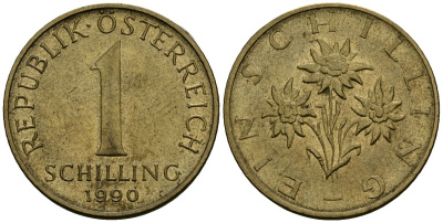 Австрия 1 шиллинг 1990 KM 2886 алюминиевая бронза 4135-223