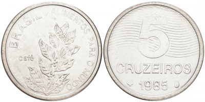 БРАЗИЛИЯ 5 КРУЗЕЙРО 1985 FAO, ПЛАНТАЦИЯ КОФЕ KM 599 нержавеющая сталь UNC M24-17