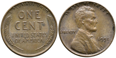 США 1 ЦЕНТ 1951 ЛИНКОЛЬН KM А132 медь цинк 100-512