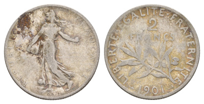 Франция 2 франка 1901 KM 845 серебро 00-00
