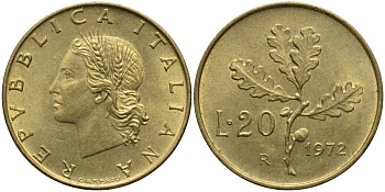 Италия 20 лир 1972 R, дубовая ветвь KM 97.2 алюминиевая бронза 4171-914