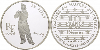 Франция 10 франков = 1 1/2 евро 1996 серия сокровища музеев Европы, игрок на флейте Эдуарда Мане KM 1122 серебро PROOF 1085-9-54