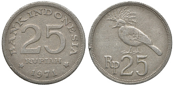 Индонезия 25 рупий 1971 год тип, венценосный голубь KM 34 медно-никель 4118-223