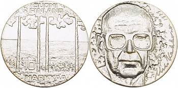 Финляндия 10 марок 1975 S-H, 75 лет президенту Урхо Кекконену KM 54 серебро UNC 1515-1614