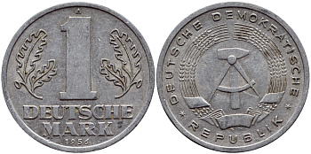 ГДР 1 МАРКА 1956 А, ПЕРВЫЙ ГОД KM 13 алюминий 4398-756