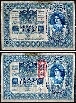 Австрия 1000 крон 1919 Девушка в традиционном костюме, красная вертикальная надпечатка Pick 59 бумага 6289-50-2-2