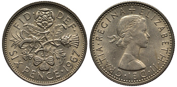 Великобритания 6 пенсов 1967 Елизавета II (1952-2022) KM 903, Spink 4149 медно-никель 4539-217