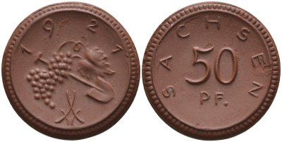 Саксония 50 пфеннигов 1921 виноград и лопата J. N 54 фарфор 1094-5-13