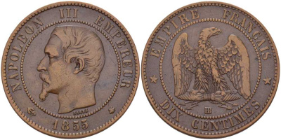 Франция 10 сантимов 1855 BB, Наполеон III (1852-1870) KM 771.3, LE FRANC 133.23 бронза 221-142