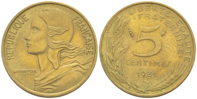ФРАНЦИЯ 5 САНТИМОВ 1981 ТИП MARIANNE KM 933 медь алюминий никель 3309-1045
