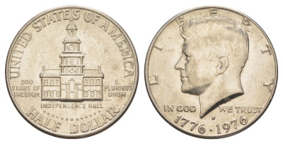 США 1/2 доллара (50 центов) 1976 D, 200 лет независимости, Джон Кеннеди KM 205 медь плакированная медно-никелем aUNC 4557-216