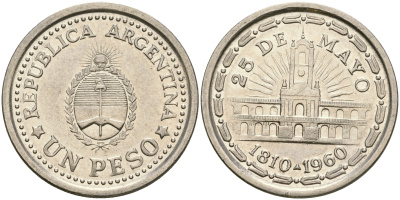 Аргентина 1 песо 1960 150 лет свержения Испанского вице-короля (1810-1960) KM 58 сталь плакированная никелем 4364-2735