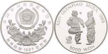 Южная Корея 5000 вон 1987 XXIV Летние Олимпийские игры в Сеуле 1988 года, национальный спорт Chegi Kicking KM 61 серебро PROOF 02-117-33