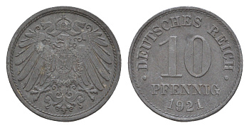 Германия 10 пфеннигов 1921 KM 26, J. 299 цинк 4659-155