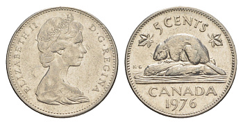 Канада 5 центов 1976 Елизавета II (1952-2022), бобр KM 60.1 никель 4639-463