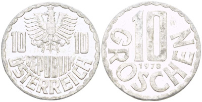 АВСТРИЯ 10 ГРОШЕЙ 1978 KM 2878 алюминий 4523-225