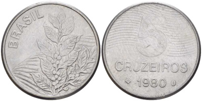 БРАЗИЛИЯ 5 КРУЗЕЙРО 1980 КОФЕ KM 591 сталь 58-1121