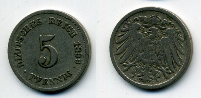 ГЕРМАНИЯ 5 ПФЕННИГОВ 1899 D, KM 11, J. 12 медно-никель 58-531