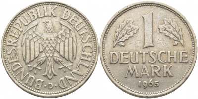 ФРГ 1 МАРКА 1965 D J.385, KM 110 медно-никель 3856-114